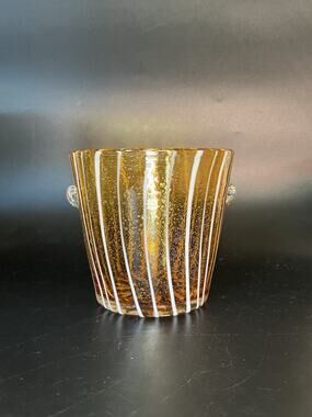 Vintage Amber Art Glass Ice Bucket Vase White Stripes Bubble Glass